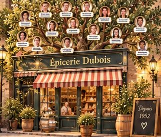 Illustration d’inspiration : un arbre aux portraits en médaillon au-dessus de la devanture d’une épicerie familiale.