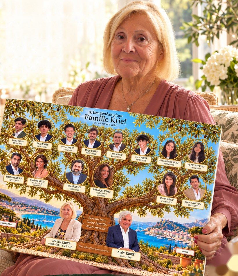 Mise en situation (montage) : une femme souriante aux cheveux blonds tient devant elle la création imprimée, un olivier aux portraits en médaillons devant la Méditerranée.